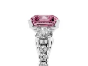 Fancy Pink Three-Stone Asscher Cut Diamond Pavé Band Ring Set in Silver with Prong-Set Trio