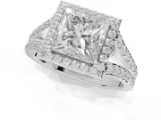 Princess Cut Halo Pavé Engagement Ring Setting | Narrow Split Shank | Sterling Silver
