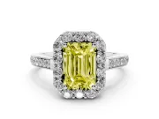 Fancy Yellow Emerald Cut Diamond Floral Halo Ring Set in Platinum with Pavé Band and Prong Setting
