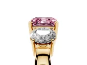 Asscher Cut Three Stone Engagement Ring Setting for a Fancy Pink Lab-Grown Diamond | Wide Plain Band | Yellow Gold