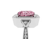 Fancy Pink Radiant Cut Diamond Halo Engagement Ring Set in Silver with Milgrain Pavé Band