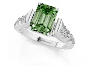 Fancy Green Emerald Cut Diamond Classic Solitaire Ring Set in Silver with Pavé Band and Prong Setting