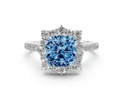 Cushion Cut Scalloped Halo Engagement Ring Setting for a Fancy Blue Lab-Grown Diamond | Single Row Pave | Platinum