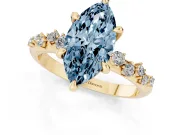 Fancy Blue Marquise Cut Diamond Solitaire Vine Band Ring Set in Yellow gold with Round Accents and Prong Setting