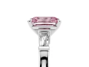 Fancy Pink Emerald Cut Diamond Solitaire Ring Set in Silver with Tapered Baguette Accents and Prong Setting