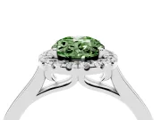 Fancy Green Oval Cut Halo Round Diamond Solitaire Ring Set in White gold with Pavé Band and Prong Setting