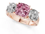 Fancy Pink Cushion Cut Diamond Three-Stone Ring Set in Rose gold with Textured Band