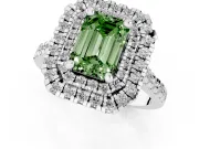 Fancy Green Emerald Cut Diamond Double Halo Statement Ring Set in Silver with Pavé Band