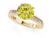Fancy Yellow Round Cut Diamond Solitaire Ring Set in Yellow gold with Slim Pavé Band and Prong Setting