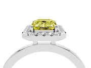 Fancy Yellow Emerald Cut Diamond Halo Solitaire Ring Set in White gold with Pavé Band and Prong Setting