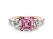 Asscher Cut Three Stone Engagement Ring Setting for a Fancy Pink Lab-Grown Diamond | Pave Shoulders | Rose Gold