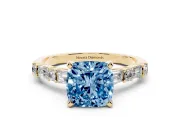Cushion Cut Baguette Side Stone Engagement Ring Setting for a Fancy Blue Lab-Grown Diamond | Yellow Gold