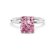 Fancy Pink Radiant Cut Diamond Solitaire Engagement Ring Set in Platinum with Thin Band and Prong Setting