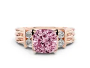Fancy Pink Three-Stone Cushion Cut Diamond Channel Set Ring Set in Rose gold with Bar Prongs