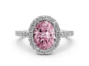 Fancy Pink Oval Cut Diamond Halo Pavé Solitaire Ring Set in White gold with Prong-Set Center Stone