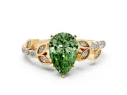 Fancy Green Pear Cut Diamond Solitaire Leaf-Inspired Ring Set in Yellow gold with Pavé Band and Prong Setting
