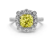 Fancy Yellow Cushion Cut Diamond Halo Milgrain Pavé Ring Set in Platinum with Prong Setting