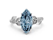 Fancy Blue Marquise Cut Diamond Solitaire Leaf-Inspired Ring Set in Platinum with Pavé Band and Prong Setting