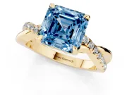Fancy Blue Asscher Cut Diamond Twist Band Solitaire Set in Yellow gold with Pavé Accents and Prong Setting