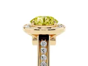 Fancy Yellow Round Cut Diamond Halo Solitaire Ring Set in Yellow gold with Pavé Band and Bezel Setting