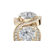 Round Three Stone Halo Engagement Ring Setting | Pavé Wave Band | Yellow Gold