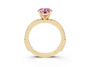 Fancy Pink Round Cut Diamond Solitaire Ring Set in Yellow gold with Slim Pavé Band and Prong Setting