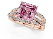 Fancy Pink Asscher Cut Diamond Solitaire Twist Band Ring Set in Rose gold with Pavé Setting and Prong Head