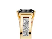 Fancy Black Emerald Cut Diamond Solitaire Ring Set in Yellow gold with Channel-Set Accent Stones and Prong Setting