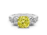 Fancy Yellow Three-Stone Cushion Cut Diamond Pavé Band Ring Set in Platinum with Prong-Set Trio