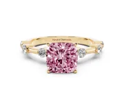 Fancy Pink Cushion Cut Diamond Solitaire Ring Set in Yellow gold with Bezel Set Side Stones and Prong Setting