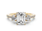 Emerald Cut Three Stone Engagement Ring Setting | Pave Shoulders | Yellow Gold