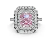 Fancy Pink Radiant Cut Lab-Grown Diamond Double Halo Statement Ring Set in Platinum with Pavé Band