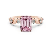 Fancy Pink Emerald Cut Diamond Solitaire Ring Set in Rose gold with Ribbon Twist Band, Round Accents and Prong Setting