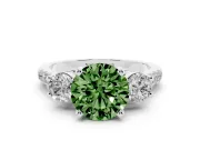 Fancy Green Three-Stone Round Cut Diamond Pavé Band Ring Set in Platinum with Prong-Set Trio