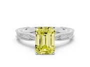 Fancy Yellow Emerald Cut Diamond Solitaire Milgrain Engraved Band Set in Silver with Prong Setting