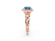 Fancy Blue Heart Cut Diamond Halo Ring Set in Rose gold with Scrollwork Band and Prong Setting