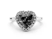 Fancy Black Heart Cut Halo Round Diamond Solitaire Ring Set in Silver with Pavé Band and Prong Setting