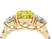 Fancy Yellow Cushion Cut Diamond Three-Stone Ring Set in Yellow gold with Pavé Band