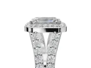Emerald Cut Halo Pavé Engagement Ring Setting | Narrow Split Shank | White Gold