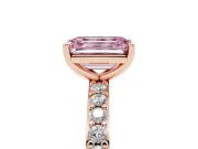 Fancy Pink Emerald Cut Diamond Solitaire Set in Rose gold with Round Pavé Band and Prong Setting