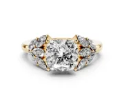 Cushion Cut Diamond Cluster Leaf Design Ring Set in Yellow gold with Prong Setting
