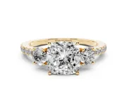 Cushion Cut Three Stone Engagement Ring Setting | Pave Shoulders | Yellow Gold