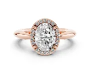Oval Cut Diamond Halo Engagement Ring Set in Rose gold with Plain Split Shank and Prong Setting