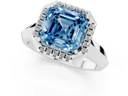 Fancy Blue Asscher Cut Diamond Halo Ring Set in Platinum with Cathedral Band and Prong Setting
