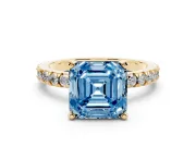 Fancy Blue Asscher Cut Diamond Pavé Band Solitaire Set in Yellow gold with Prong Setting