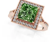 Fancy Green Princess Cut Diamond Halo Engagement Ring Set in Rose gold with Milgrain Pavé Band