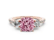 Cushion Cut Three Stone Engagement Ring Setting for a Fancy Pink Lab-Grown Diamond | Pave Shoulders | Rose Gold