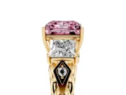 Fancy Pink Princess Cut Diamond Three-Stone Ring Set in Yellow gold with Braided Band