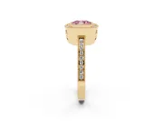 Fancy Pink Cushion Cut Diamond Halo Ring Set in Yellow gold with Pavé Band and Milgrain-Edged Prongs