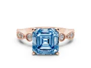 Fancy Blue Asscher Cut Diamond Solitaire Engagement Ring Set in Rose gold with Milgrain Bezel Accent Band
